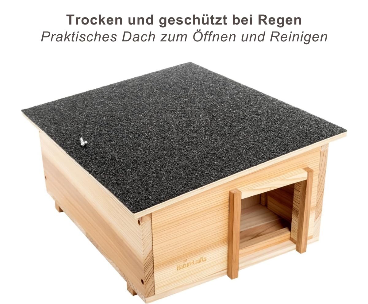 NatureCrafts, casetta per ricci di alta qualità, impermeabile, con fondo e pareti spesse 1,5 cm e doppia ventilazione, labirinto regolabile con tunnel walk-in legno, casa invernale da giardino, 45 x