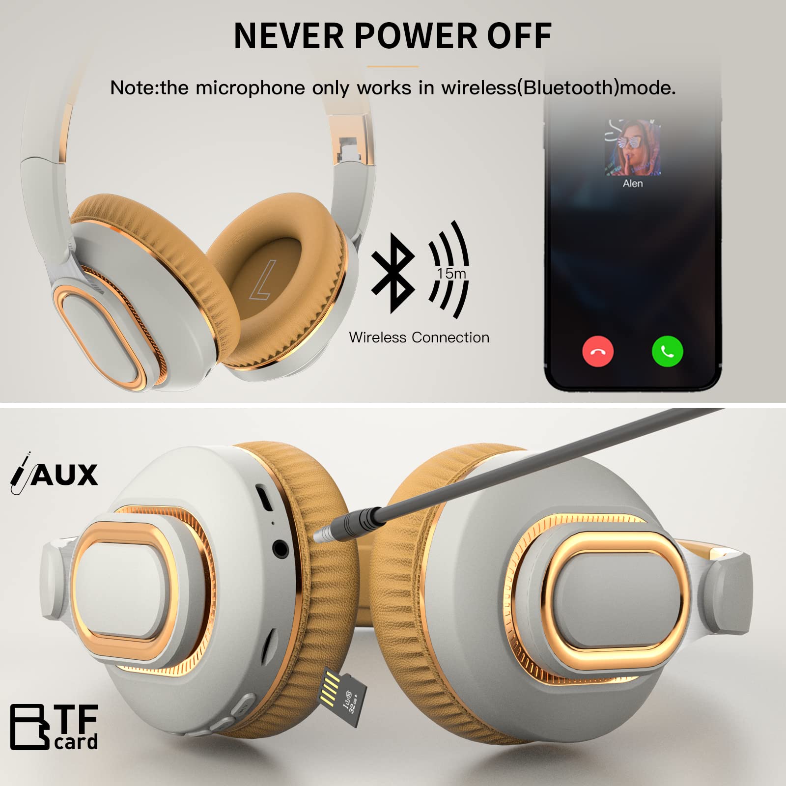 EIVOR Auriculares inalámbricos Bluetooth 5.0 Reducción de Ruido con micrófono, 16h Tiempo de Juego HiFi Auriculares estéreo, Tres Modo Auriculares Plegables para Deportes de Viaje,Blanco