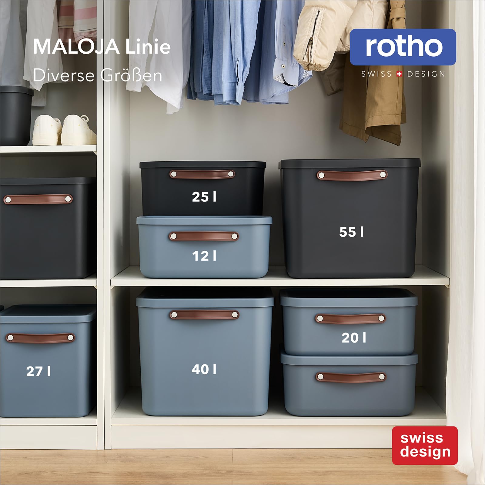 Rotho Maloja Aufbewahrungsbox mit Deckel groß 2er-Set stapelbar Anthrazit | Große stapelbare Kunststoffboxen aus Recycling-Material, 53,5x40x34 cm, robuste Ordnungssysteme für Keller & Büro
