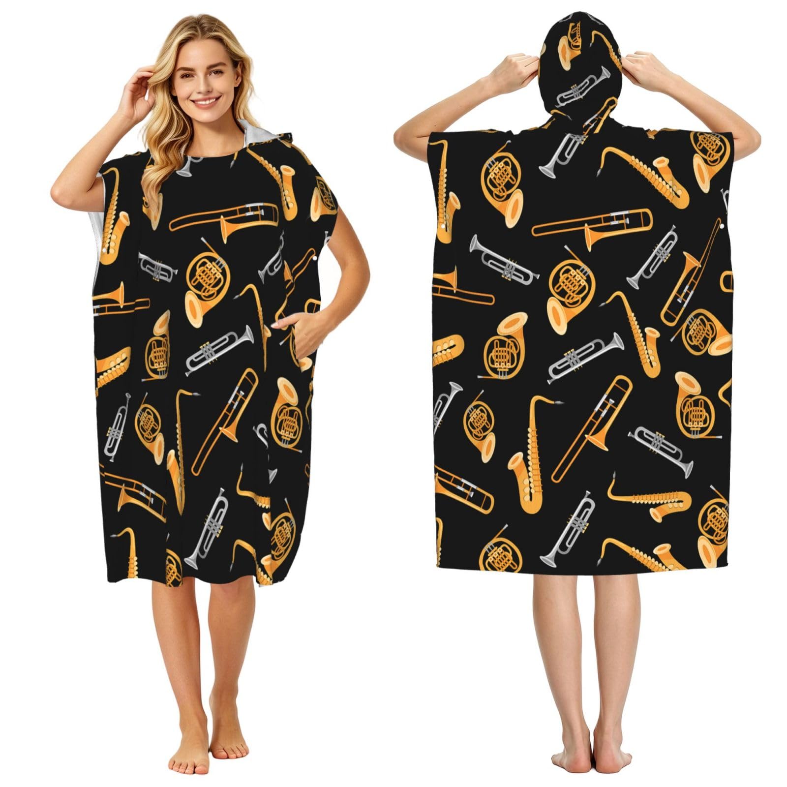 Poadnly Saxophone Trombone Music Black, Adult Hooded Beach Towel 90 x 110 cm,Changing Bath Robe, Surf Poncho Towel For Women Men