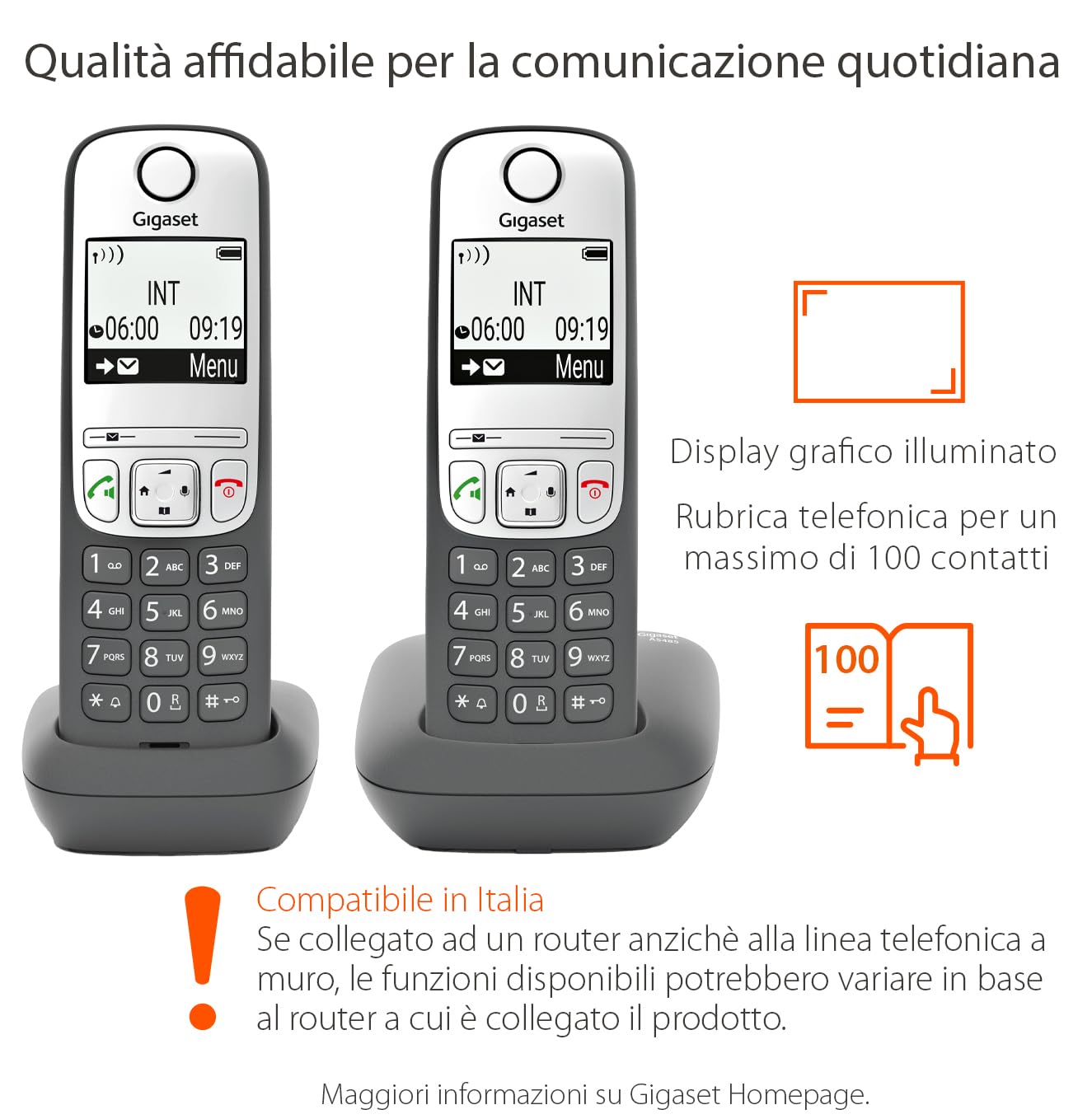 Gigaset AS475 Duo – Due Cordless Con Vivavoce, Rubrica 100 Contatti, Display 1.8” E Trasferimento Chiamata