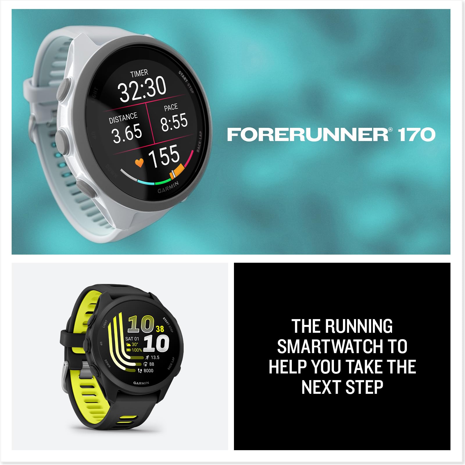 Garmin Forerunner® 170 Music, orologio da corsa GPS, statistiche di allenamento avanzate e informazioni sul recupero, oltre a memorizzare musica, verde con cinturino verde/limone