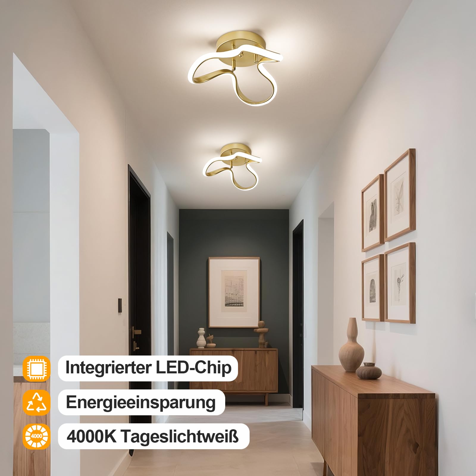 WOKNOS LED Deckenlampe 24W, 4000K Neutralweiß, 31cm Moderne Gold Aluminium Deckenleuchte,CE-zertifiziert, für Schlafzimmer, Wohnzimmer, Flur, Küche, Waschküche
