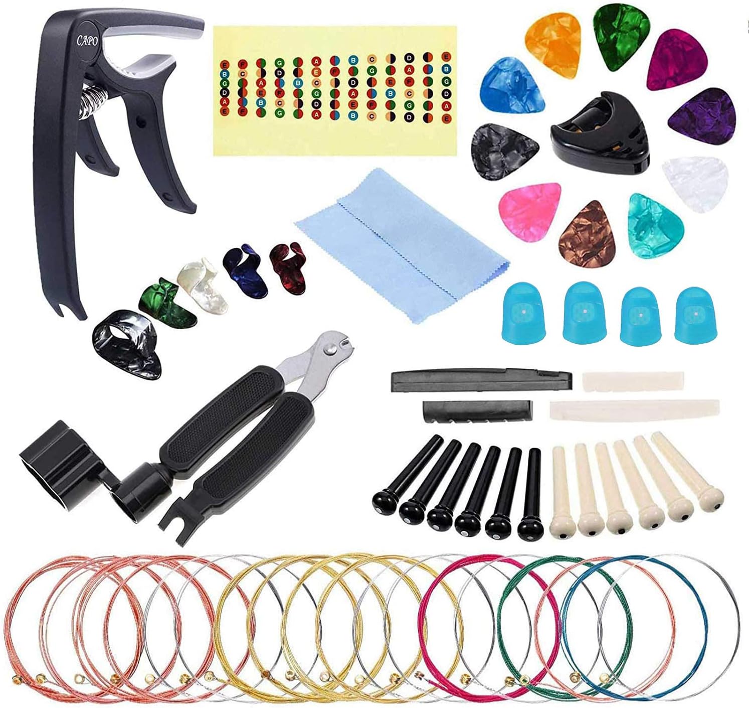 acoustic guitar strings acoustic set music accessories replacement kit winder cutter finger picks holder variety pack starter tuning pegs tool repair kit parts for beginners capo 6 string set