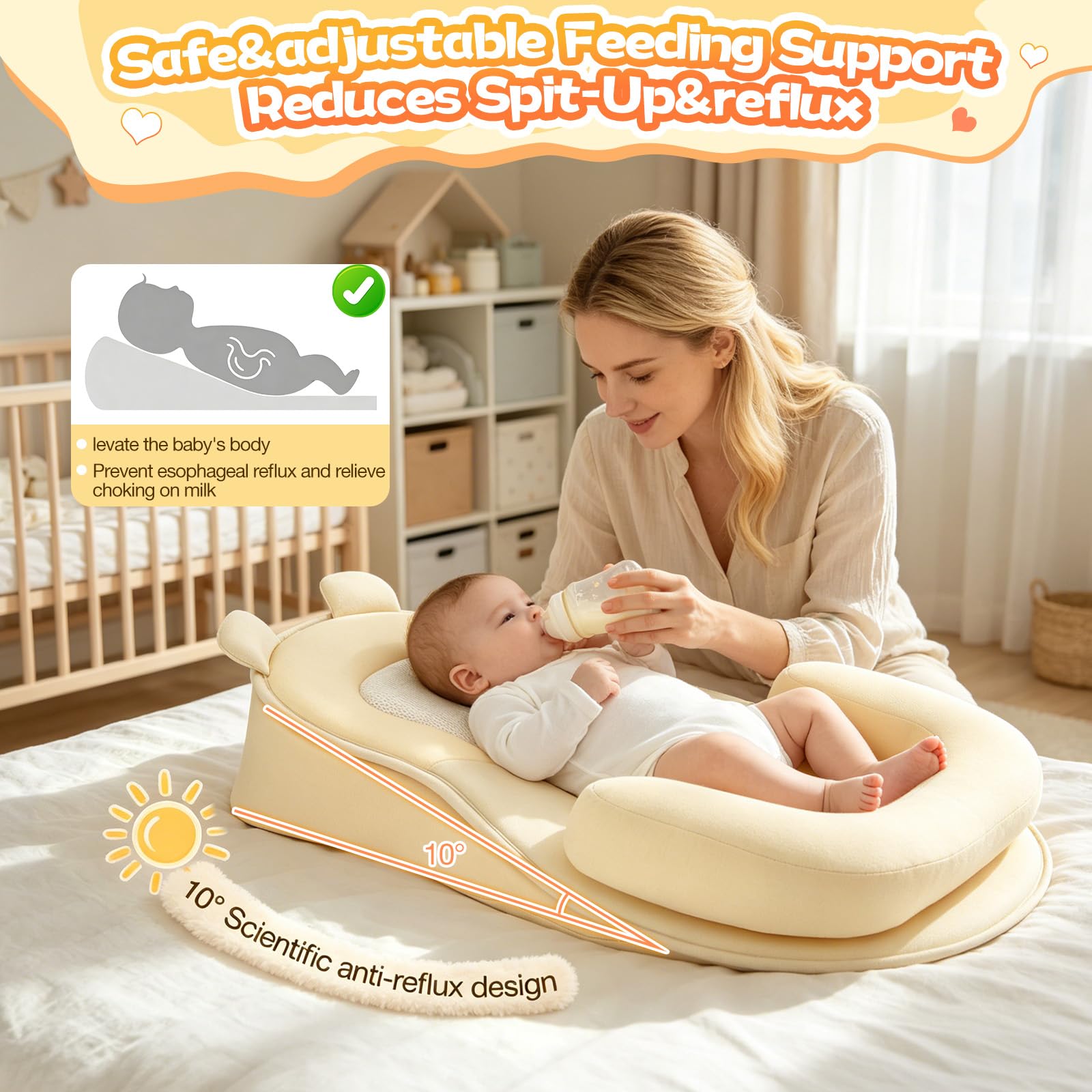 Coussin d'allaitement, housse de coussin d'allaitement anti-reflux et anti-regurgitation, coussins amovible lavable pour le biberon avec sangle réglable, pour nouveau-nés de 0 à 12 mois(Jaune)