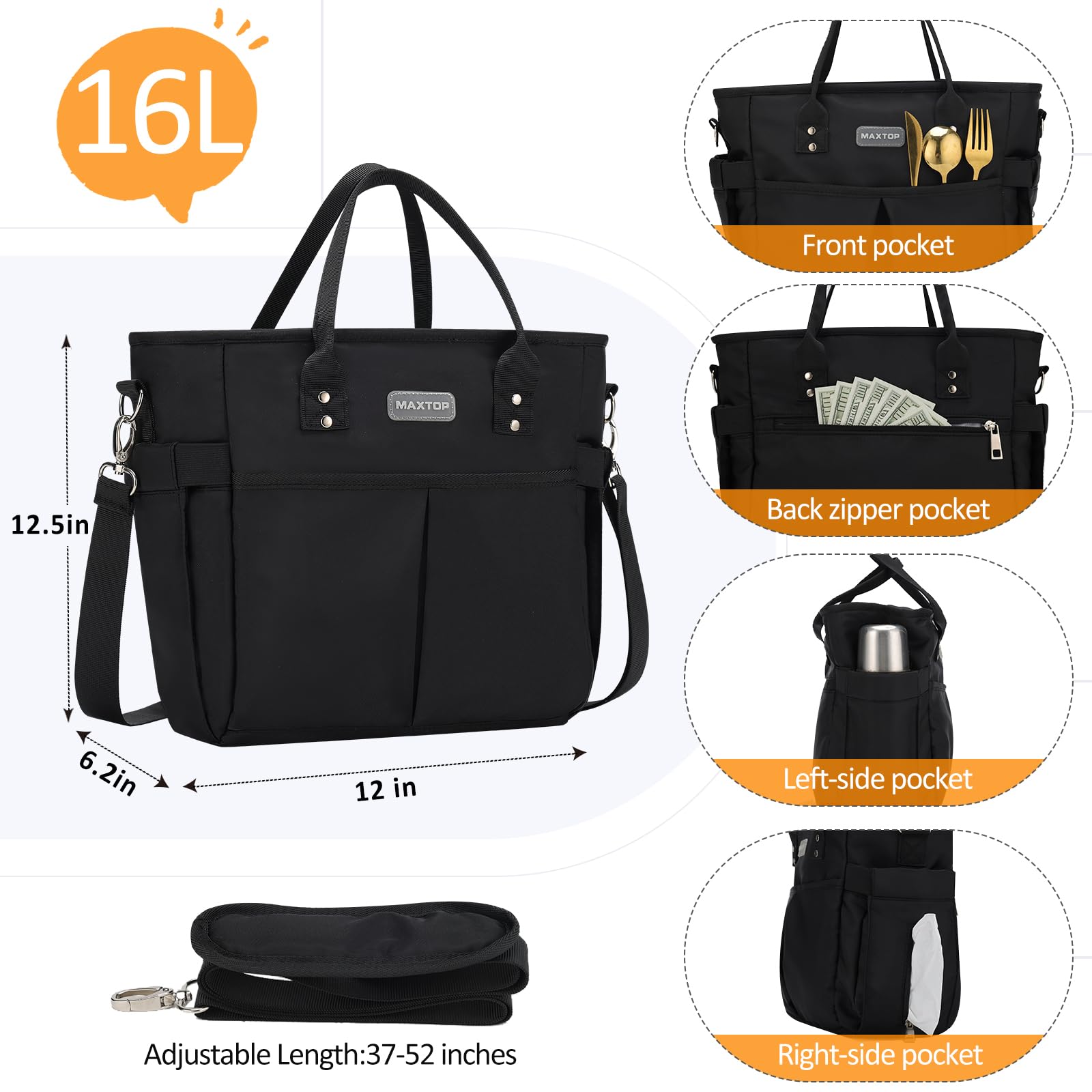 MAXTOP Borsa termica per il pranzo da donna, per lavoro, isolata, con tasca larga aperta, riutilizzabile, a prova di perdite, con tracolla rimovibile, per insegnanti, infermiere, ufficio, picnic,