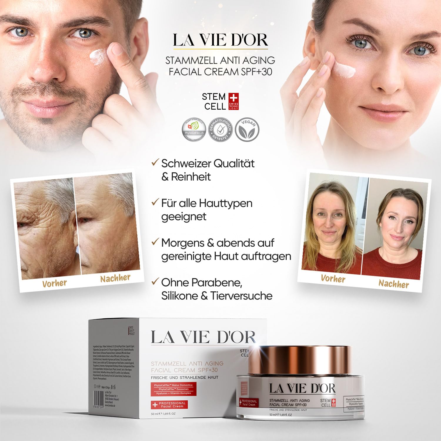 La Vie D'Or Premium zestaw do pielęgnacji skóry – serum przeciw starzeniu się skóry + krem do twarzy SPF 30 + mydło naturalne Elythia – technologia komórek macierzystych, egzoomy, szwajcarska jakość