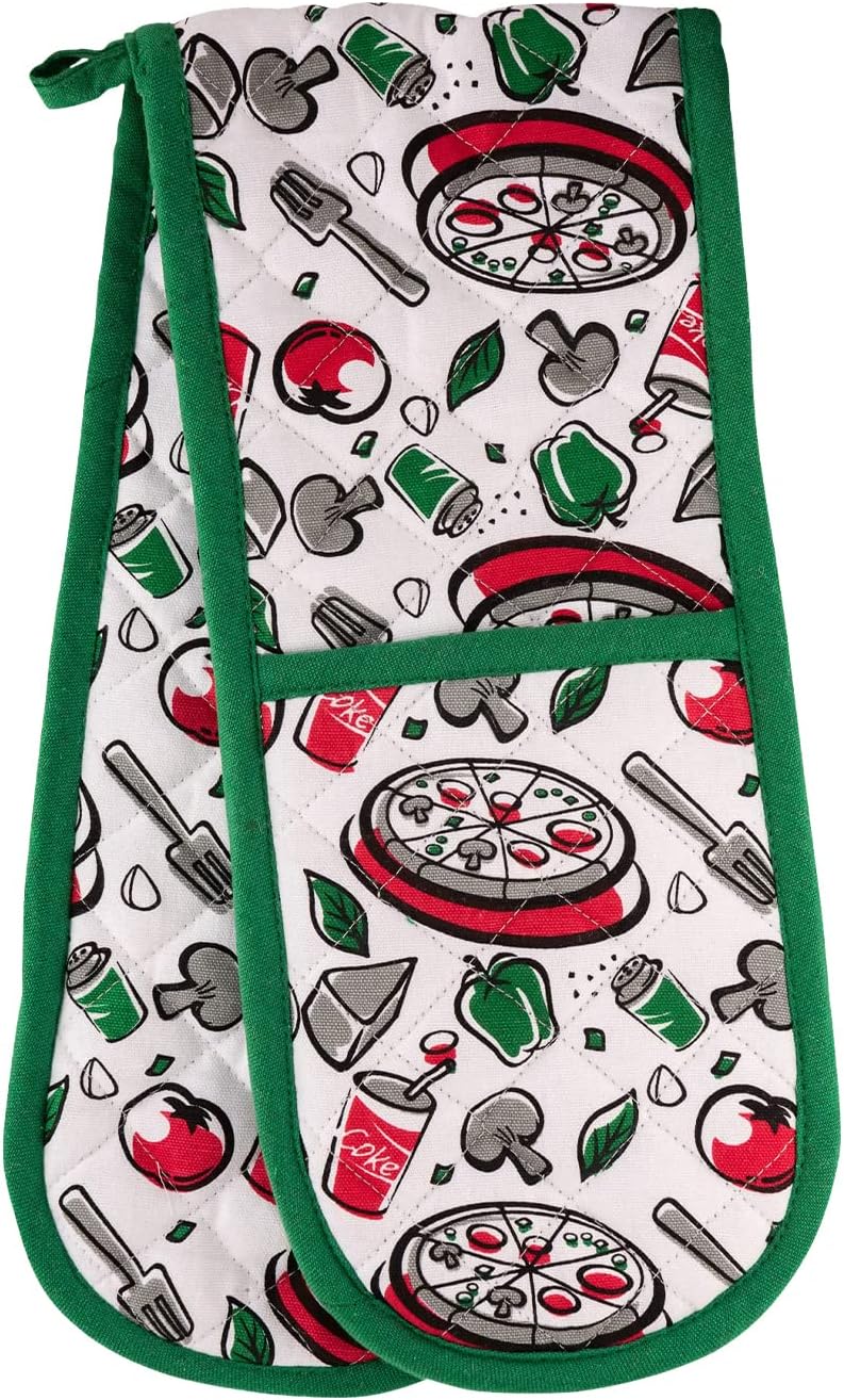 Kitchen BBQ Double Oven Mitts Gloves | Extra Long & Thick, Heat Resistant | Quilted Cloth Attached 1 Piece Oven Gloves | 100% Cotton Fun Coke Pizza Food Pattern Pot Holder