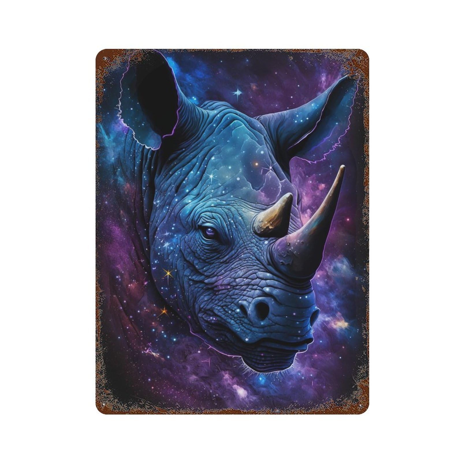 Galactic Rhino Portrait-13 15.7"x11.8" Distressed Metal Wall Sign, Shabby Chic Decor for Office, Studio And Wall Decor