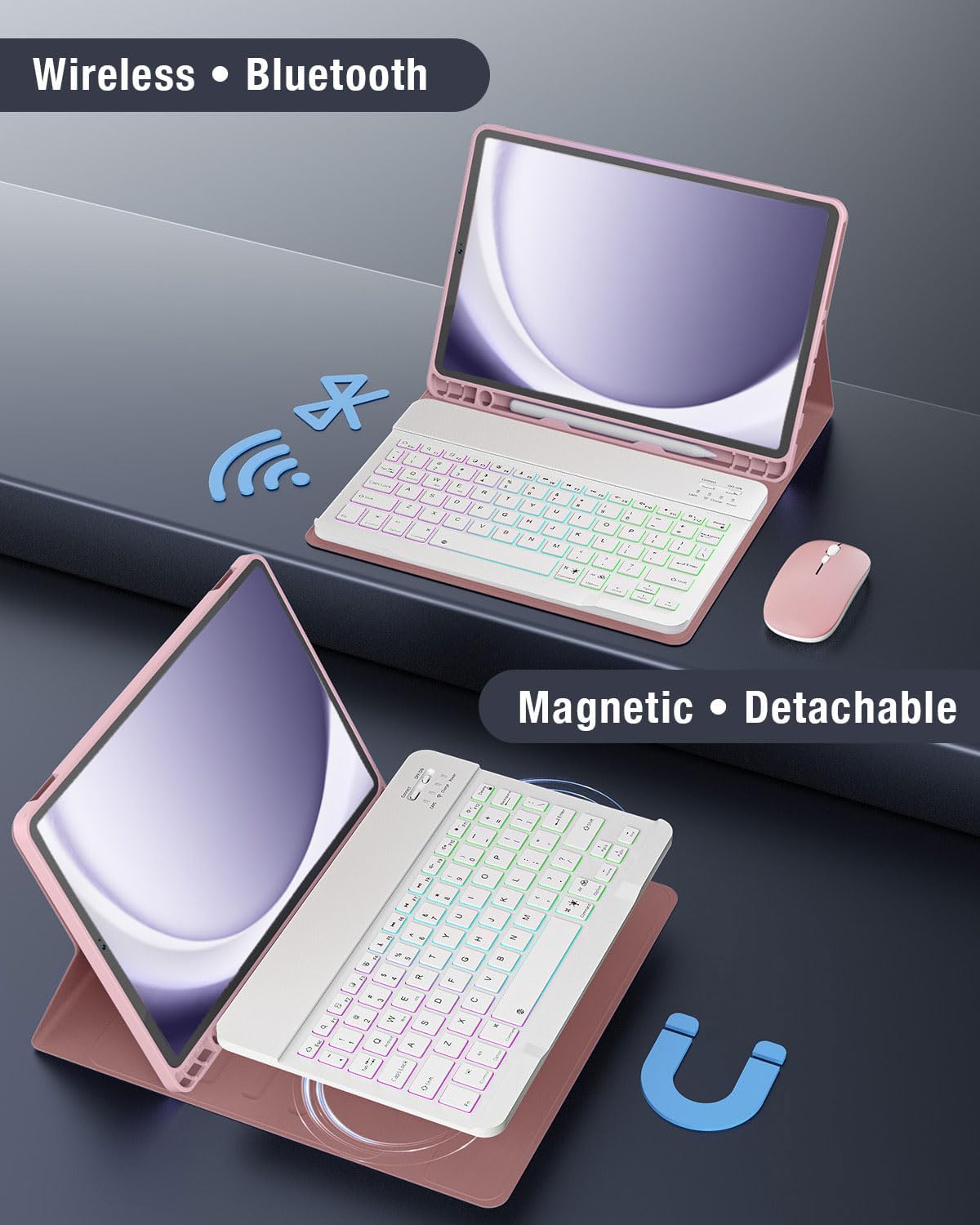 Keyboard Case for Samsung Galaxy Tab A9+/A9 Plus 11 Inch 2023 (SM-X210/X216/X218), Detachable Color Backlit Bluetooth Keyboard and Mouse, Lightweight Stand Cover with Pen Holder (Pink Marble)