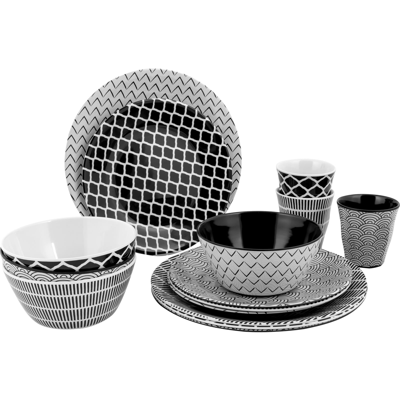 Bo-Camp - Vajilla - Mix & Match - 16 Piezas, Vajilla - Mix & Match - 16 piezas - Negro/Blanco