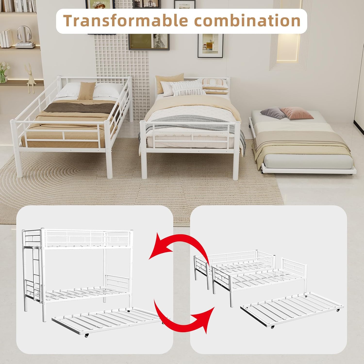 Bunk Bed Twin Over Twin Size with Ladder, Heavy Duty Metal Bed Frame with Safety Guardrail, Sturdy Twin Bunk Beds for Kids Teens & Adults, Storage Space, White