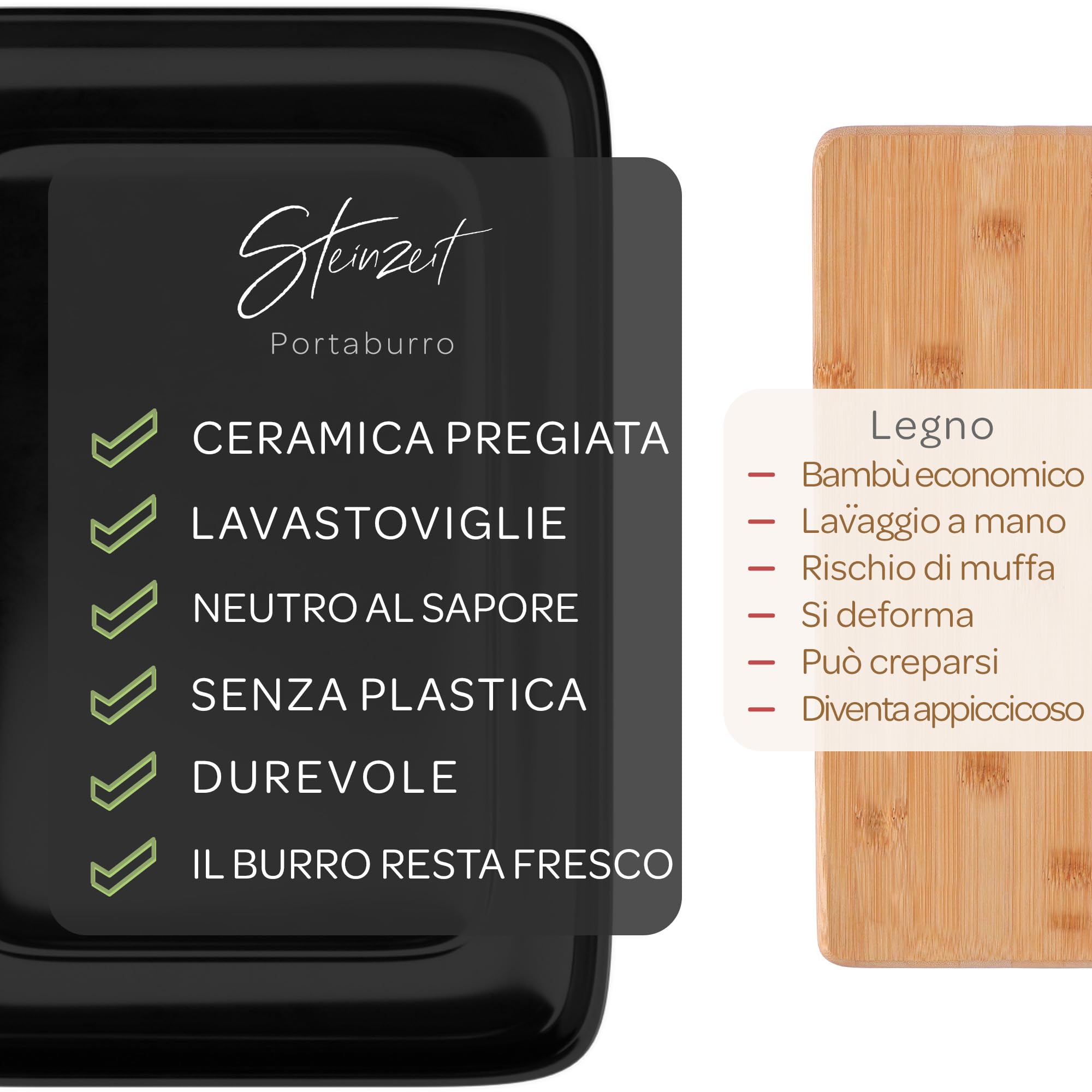 Steinzeit Burriera Design - Porta burro da frigorifero - burriera in ceramica per tutti i tipi di burro comuni (250 g) - Piatto per burro adatto alla lavastoviglie - portaburro da frigo
