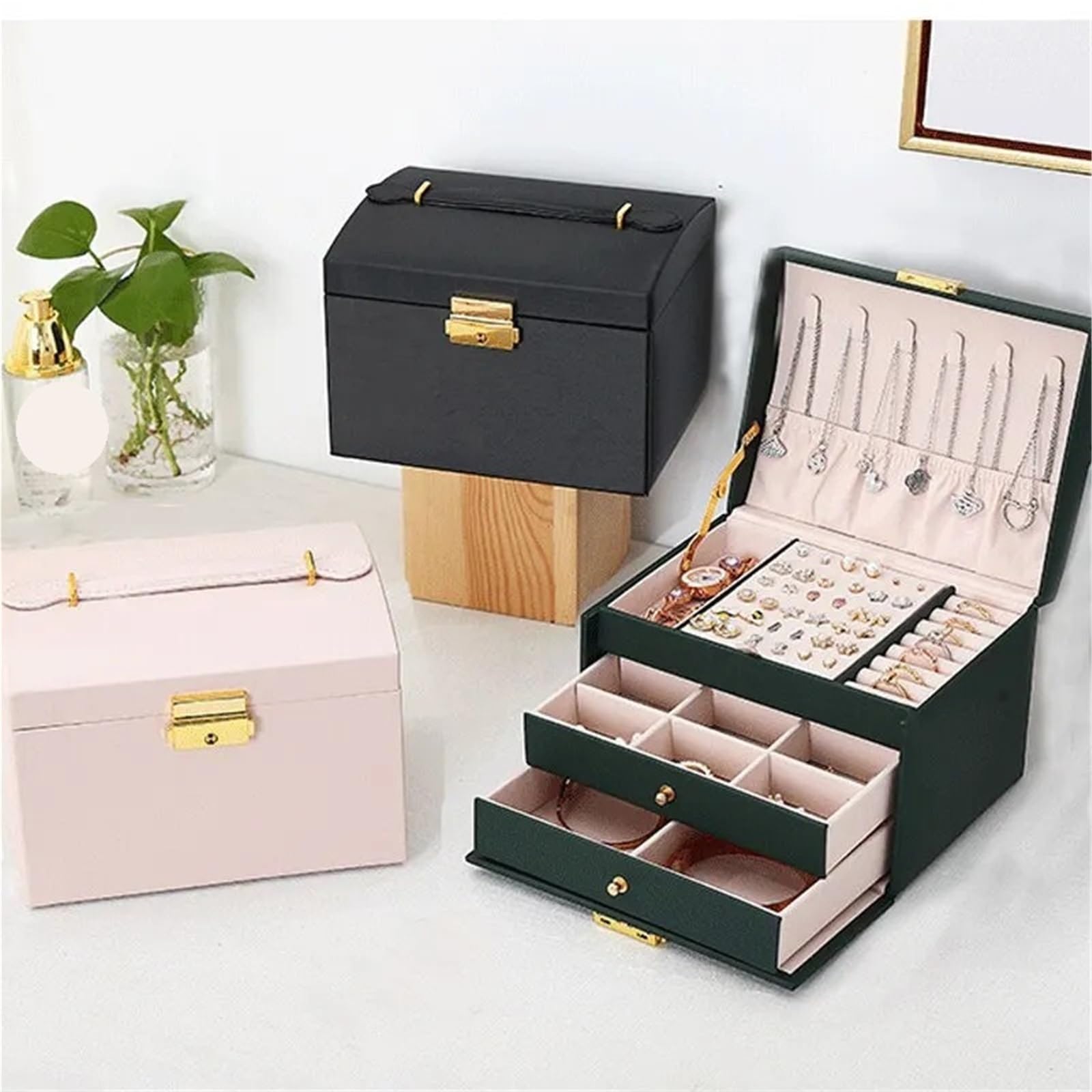 Caja Para Joyas 1 Uds. Caja de joyería multifuncional tres capas cuero estilo cajón, pendientes, cerradura, caja(White)
