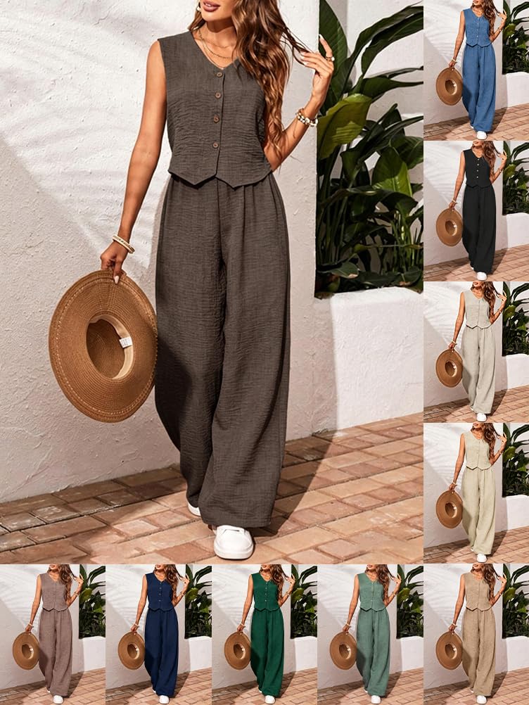 Ensemble Tailleurs Femme 2 Piece Gilet Top sans Manches Col V + Pantalon Taille Haute Jambe Droite Large Ensembles de Plage Casual Ete