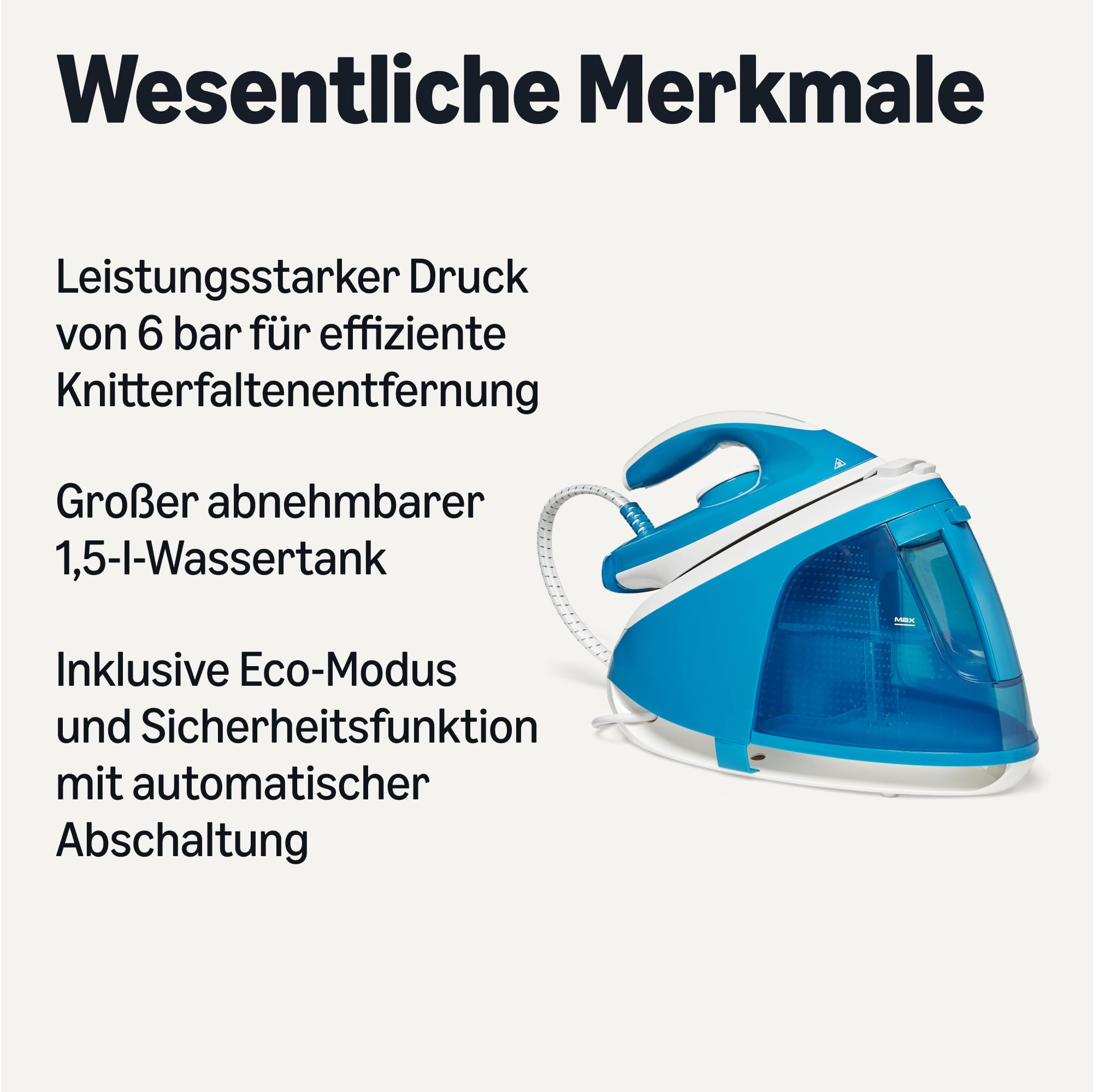 Amazon Basics Dampfbügelstation mit 6-Bar-Pumpe, 240g/min Dampfstoß, 120g/min Dampfleistung, 1,5-l-Tank, 2400W, Weiß/Blau