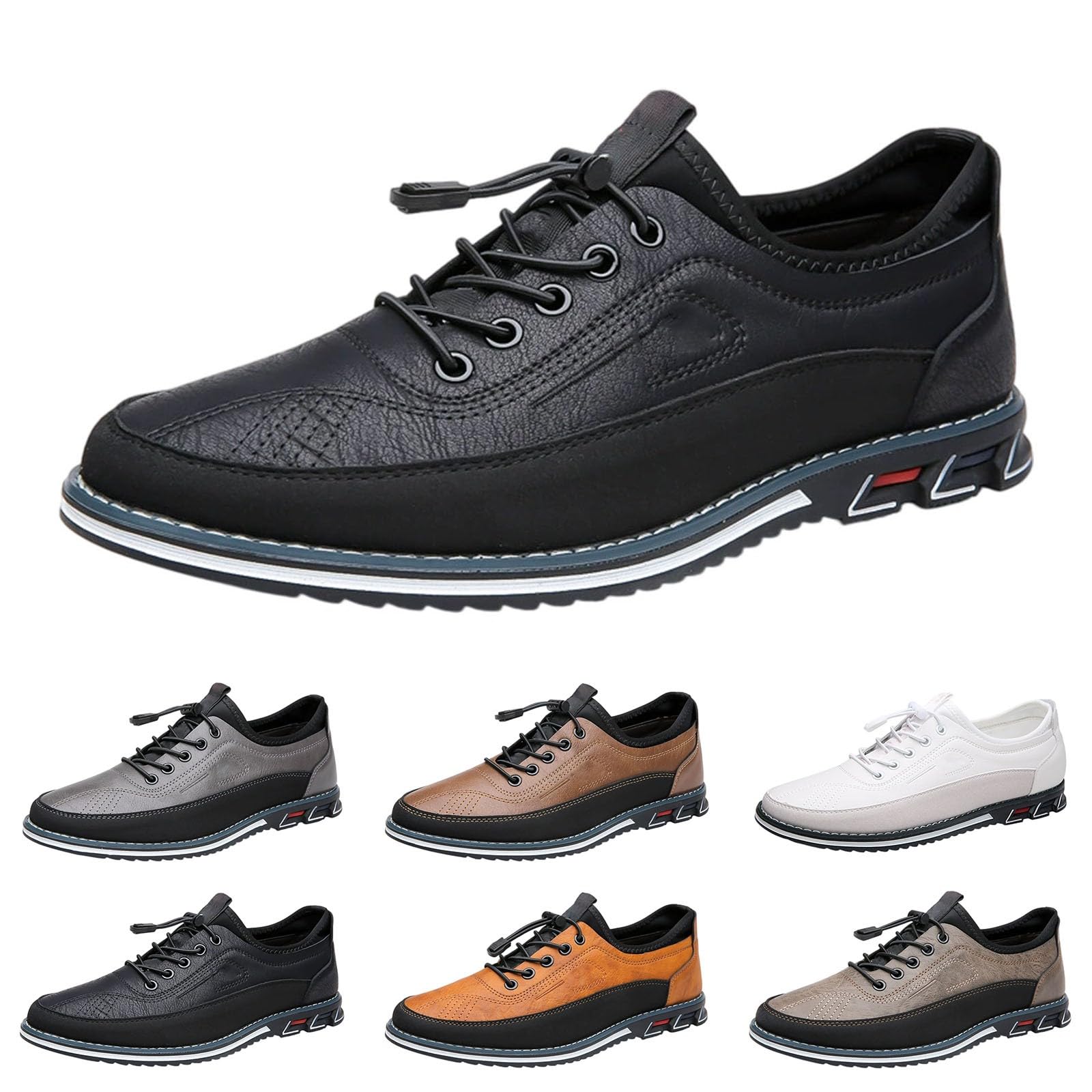Scarpe da uomo in pelle casual con lacci elastici a chiusura rapida, Nero