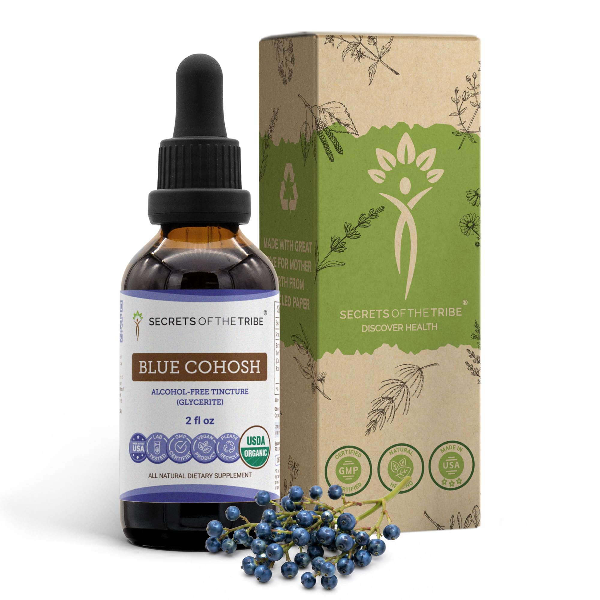 Secrets of the Tribe Blue Cohosh USDA Organic | Alcohol-Free Extract, High-Potency Herbal Drops | Made from 100% Certified Organic Blue Cohosh (Caulophyllum Thalictroides) Dried Root (2 oz) 2 Fl Oz (Pack of 1)