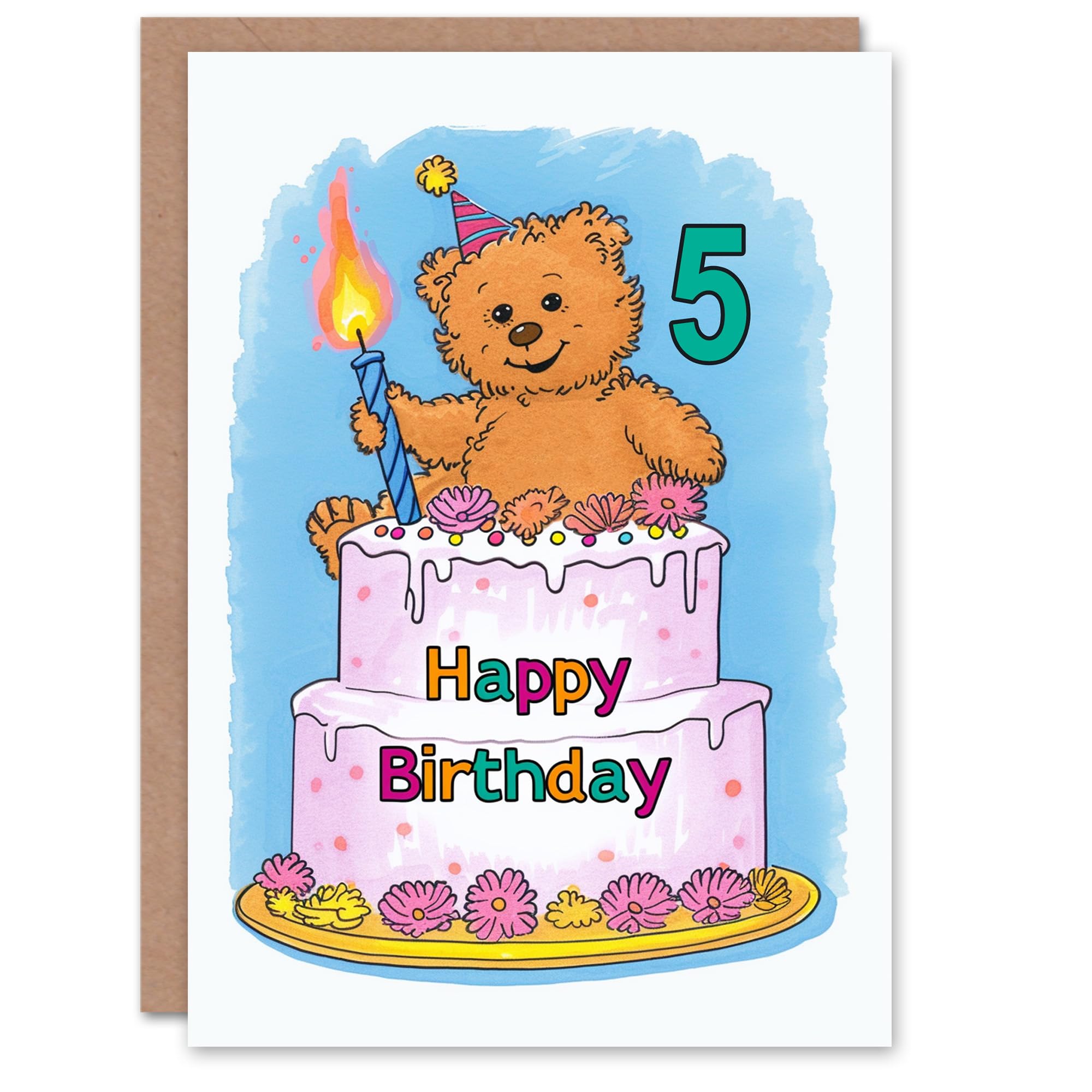Artery8 Birthday Card Teddy Bear Cake Party Hat Cartoon Cute 5th Birthday Card for Kids Blue