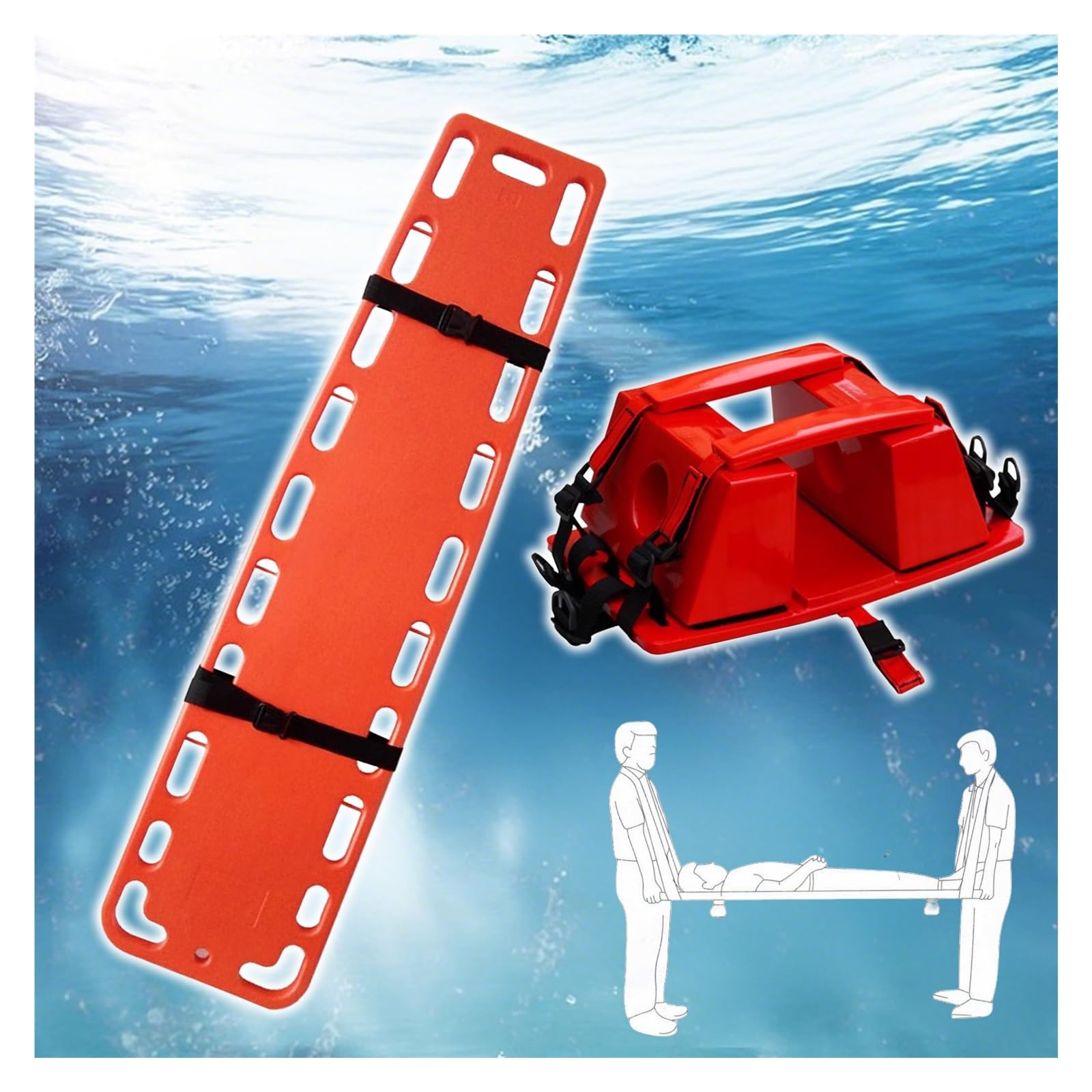 JYHHCYS Spineboard with Straps and Head Immobilizer, Spine Deck Back Stretcher for First Responders, Orange Portable Transport Stretcher for Paramedic Training/Pool Emergency