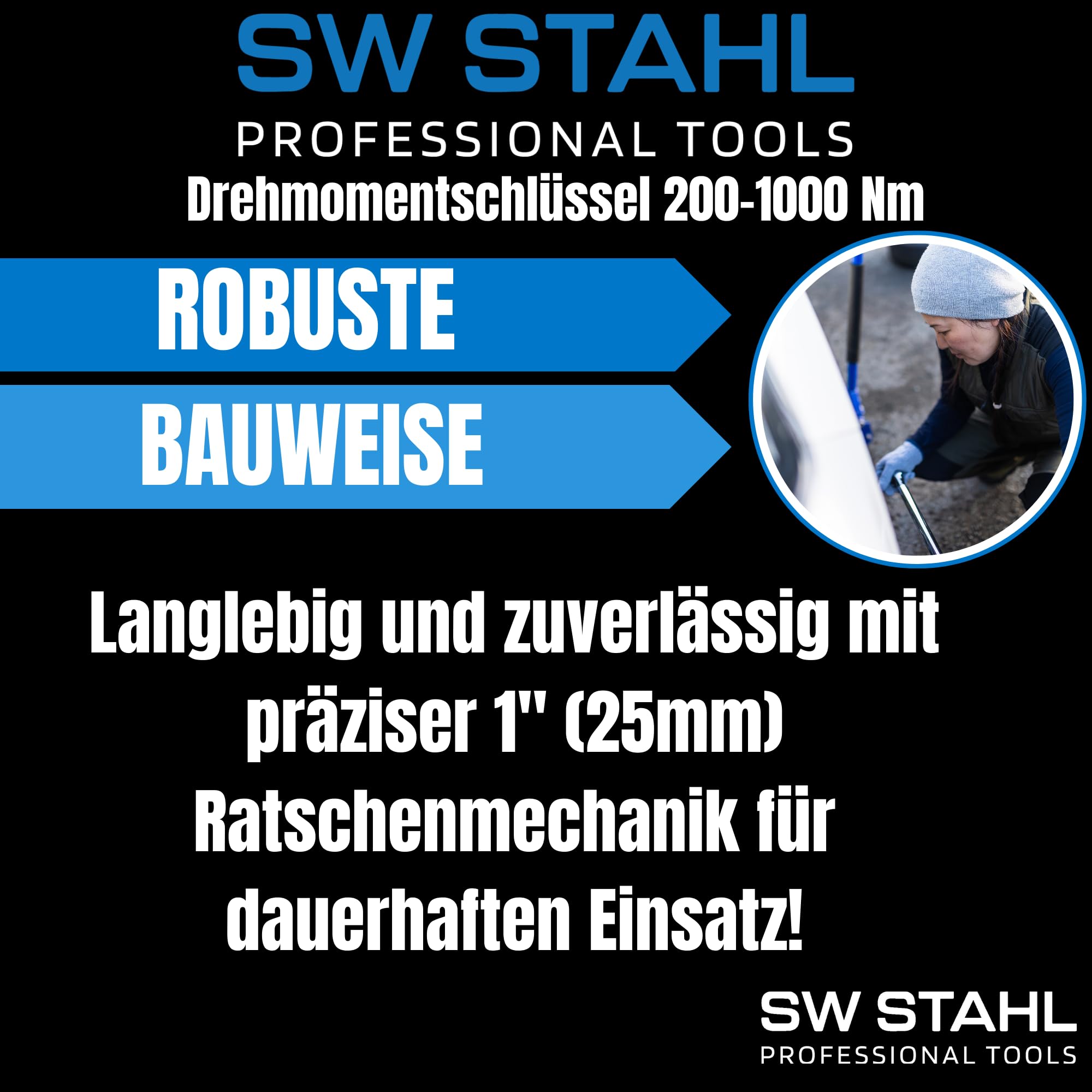 SW-Stahl 03878L Drehmomentschlüssel 1 Zoll, 200-1000 Nm Profi Ratsche | Für LKW, Traktor & PKW - 25 mm Antrieb - Umschaltknarre aus Chrom-Vanadium-Stahl - Präzise Radschrauben Montage