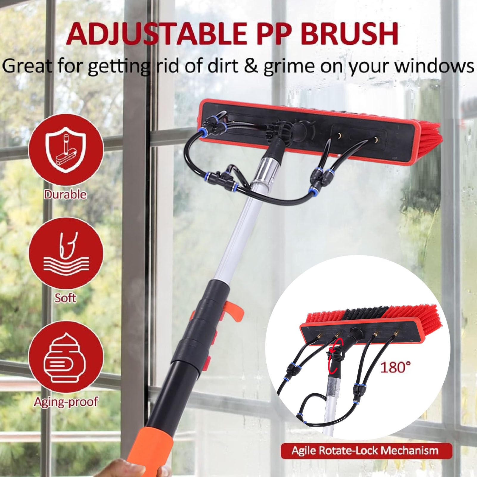 SIXRUN Kit Spazzola per Pannello Solare, ABS PC Alluminio Nylon Detergente per Vetri Alimentato Ad Acqua con Asta Telescopica da 12 Piedi, Spazzola da 35 Cm per la Pulizia del Ponte della Barca della
