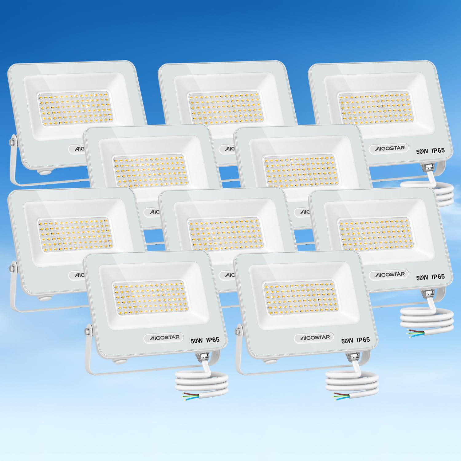 Aigostar Foco LED Exterior 50w, 4500LM Foco Proyector LED, IP65 Impermeable Luz de Seguridad, Natural 4000K Luces exterior, Para Jardín, Patio, Garaje, Paquete de 10
