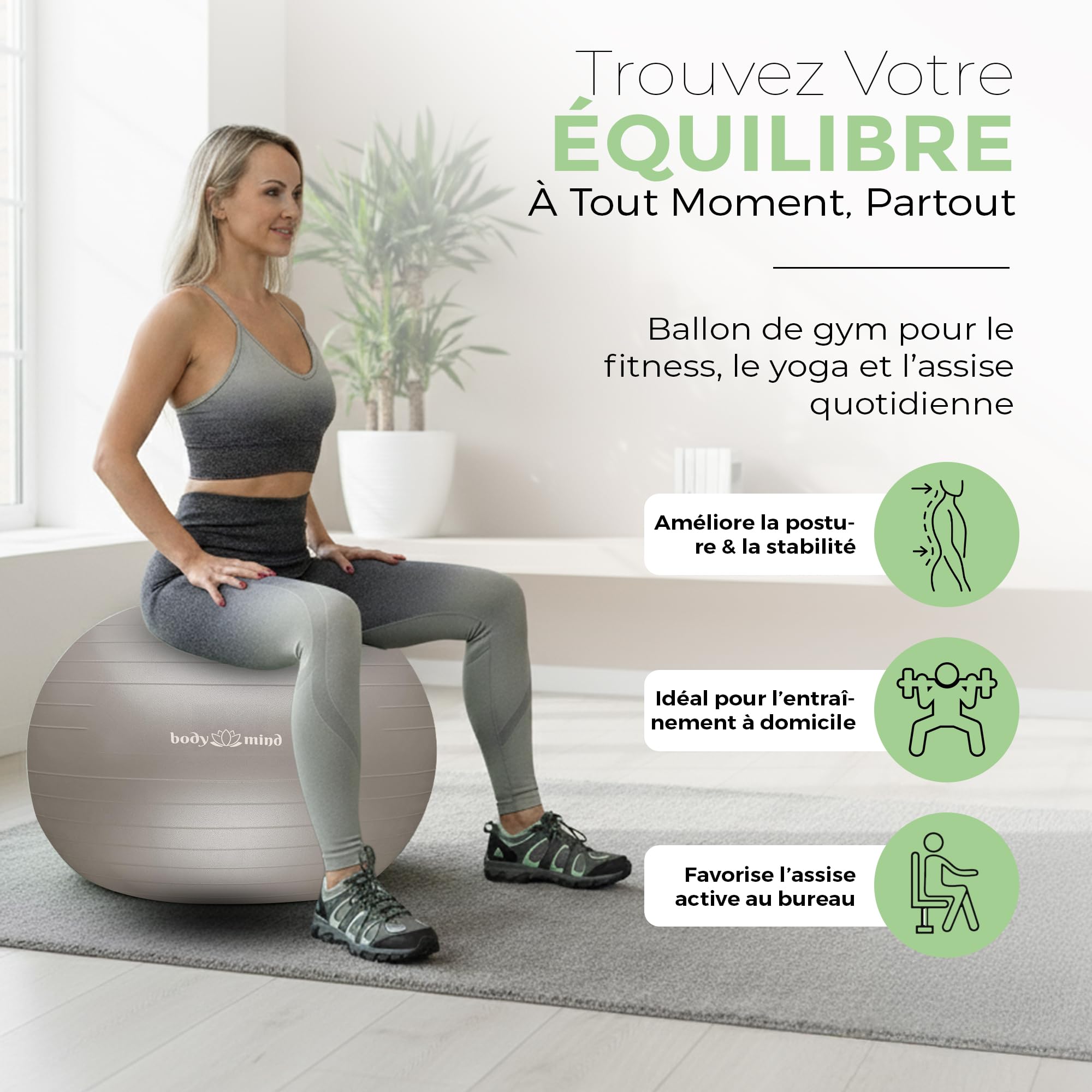 Body & Mind Ballon de Gymnastique avec Pompe à air - Ballon Pilates Anti-éclatement pour la maternité, Ergonomique pour Le Bureau, Ballon d'assise pour Le Yoga, la Gymnastique et Le Fitness