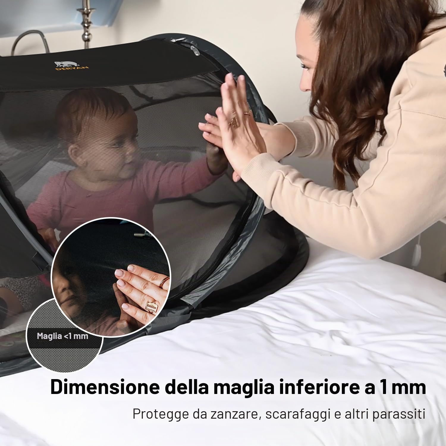 DERYAN Lettino da viaggio - Baby Luxe - Nero - Sistema pop-up - Installazione in soli 2 secondi - Include fodera in cotone con cerniera, materasso ad aria autogonfiabile e borsa per il trasporto, nero