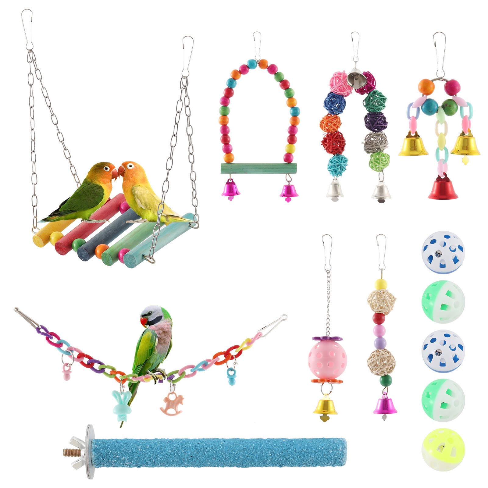 E-More Bird Parrot Toy Set 12 Pack Bird Toys Parrot Swing Toys Chewing Toys Colorful Hanging Bell Pet Cage for Cockatiel Parakeet Macaws Finches Conures Lovebirds Small Medium Birds
