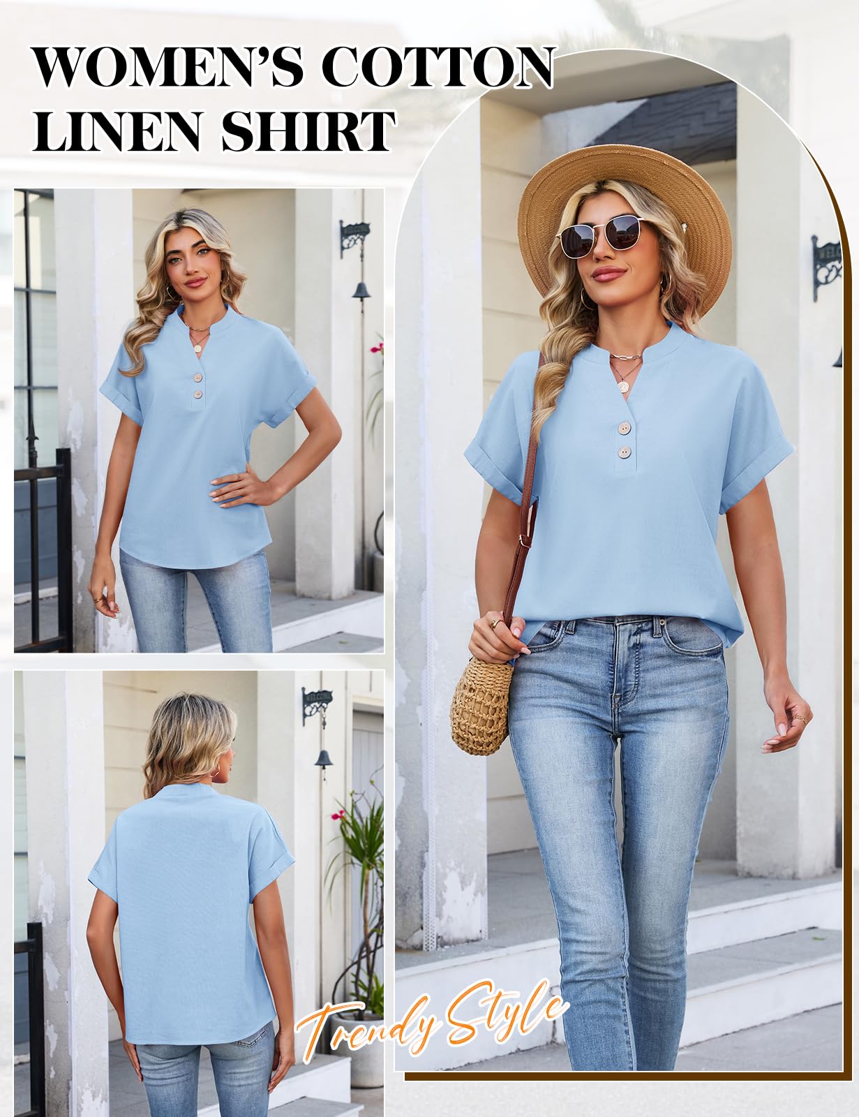 Bluzka damska muślinowa bluzka na lato, dekolt w serek, zapinana na guziki, elegancka, bawełna, len, koszula z krótkim rękawem, luźna bluzka koszulowa, basic, revers, tunika