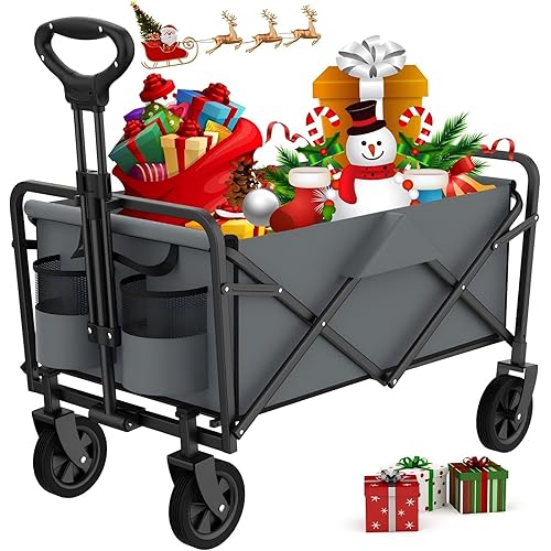 Collapsible Folding Wagon Cart, Beach Wagon Cart, Heavy Duty with Universal Wheels & Adjustable Handle, with 200lbs Weight,for Camping, Shopping, Sports, Garden and Beach, Gray