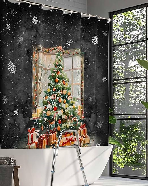 Christmas Split Bathroom Shower Curtain for Bath Sliding