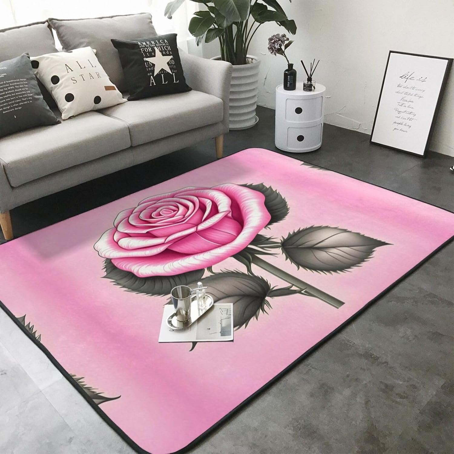 Beautiful Pink Roses Printed Floor mat 80x58 inches, Non-Slip Decorative Carpet for Bedroom and Living Room