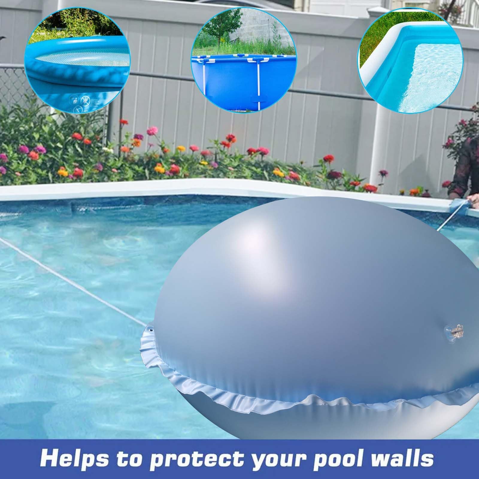 Vaileal Cojín de aire para piscina, XXL, 120 x 120 cm, cojín de piscina de invierno, azul cielo, redondo, cojín de aire para piscina con cuerda de 15 m, reutilizable, cojín de aire de invierno,