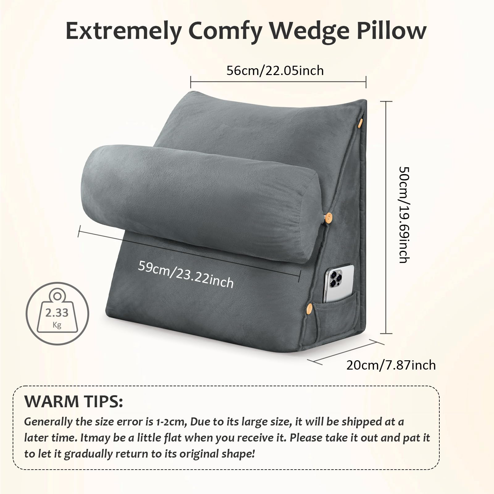 Cojín de apoyo para sofá, almohada de lectura ajustable 3 en 1 para sentarse en la cama para adultos, almohadas triangulares con rollo de cuello desmontable y funda lavable extraíble