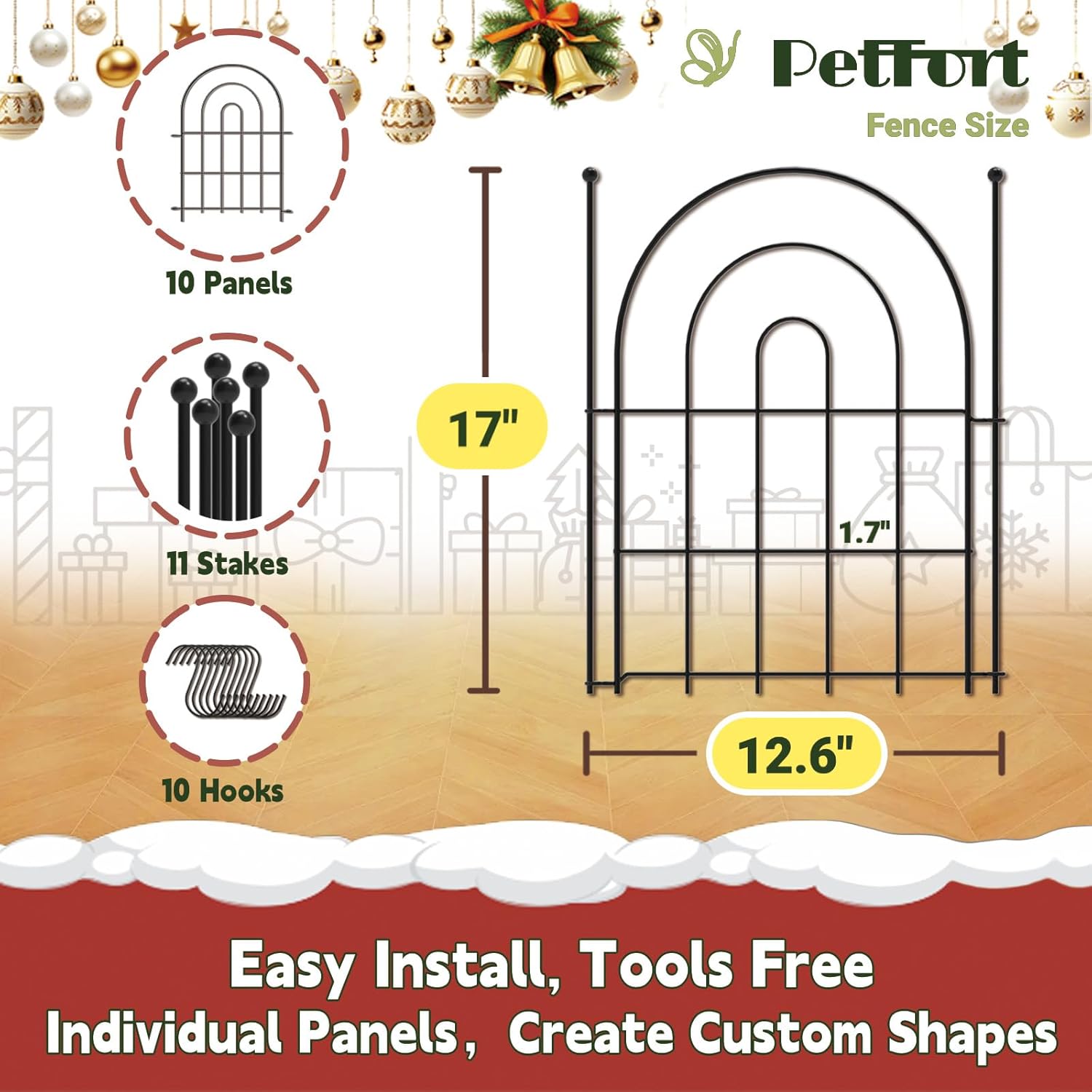 Garden Fence Panels, 17 in (High) x 12.6 ft (Long) Flower Bed Fencing for Small Animal Barrier, 10 Pcs Metal Decorative Fences Border with Hooks 10 Panels – above ground 17in(H) x 12.6ft(L)