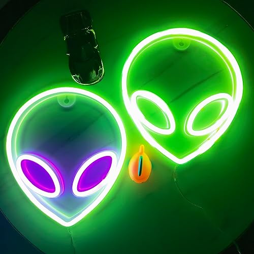 Miniatura 4 de Letrero de neón con cabeza de alienígena, 1 unidad, luz de neón de alienígena verde y morado, USB o 3 pilas AA, divertido letrero de neón iluminado