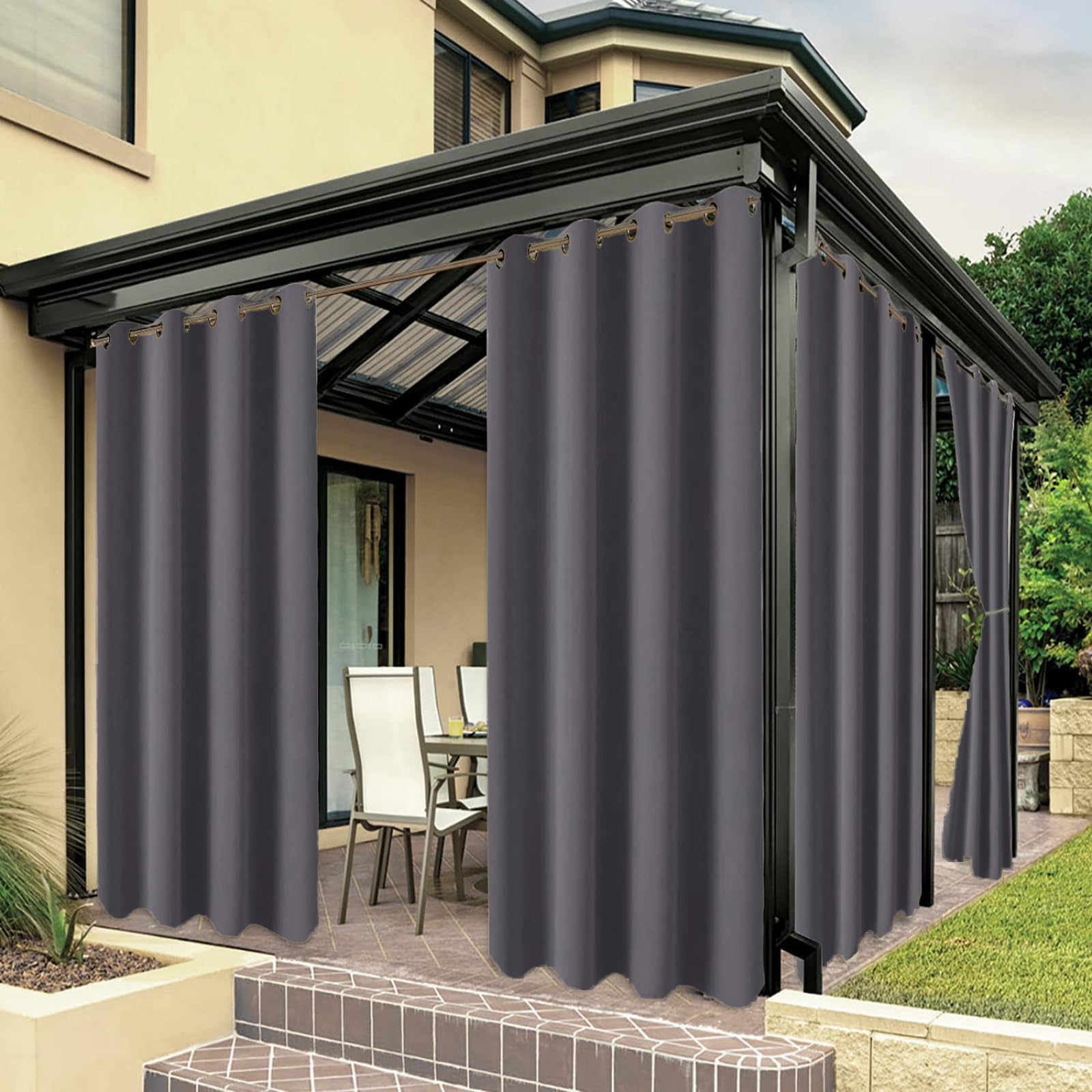 Rideaux d'extérieur pour Patio Voile Imperméable Rideau pour Gazebo Avant Porche Pergola Oeillet Top Fenêtre Rideaux Jardin Décor Gris[2PCS | 317.5cm x 165.1cm (W x L)]