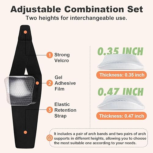Vista 3 de Insertos de soporte de arco para mujeres y hombres, 2 alturas ajustables, antideslizantes, transpirables, banda de arco de alivio de fascitis Claro