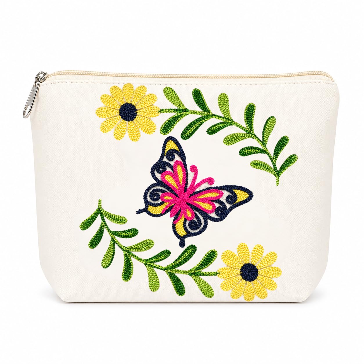Embroidered Canvas Cosmetic Pouch for Women, Travel Makeup Bag | Premium cotton canvas with hand embroidery, smooth metal zipper, 24.5 x 19 x 6 cm, multipurpose organizer, ideal gift-picture-22
