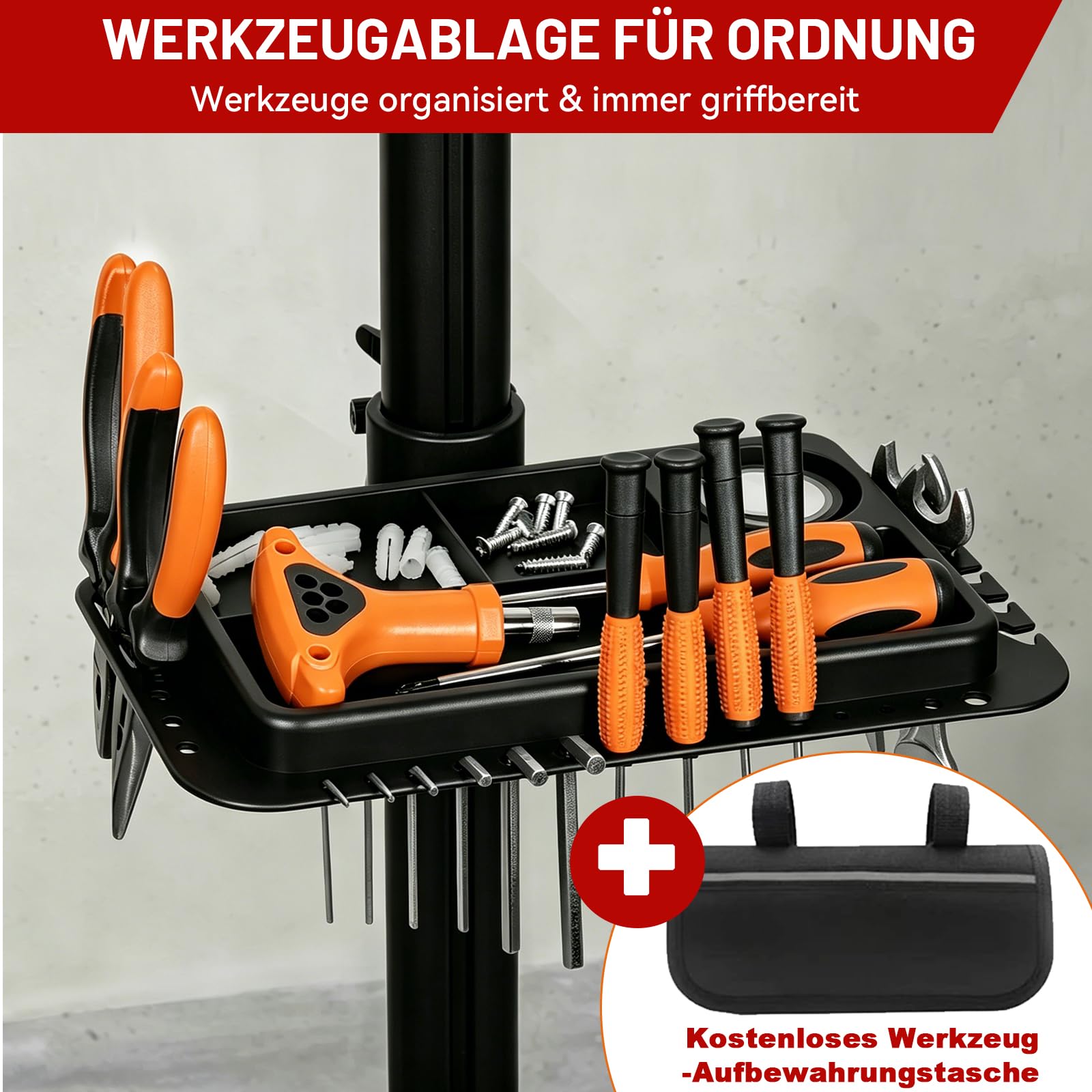 Warmfay® Fahrradmontageständer Profi 50kg für E-Bike, Klemmkopf 360° Drehbar, Klappbar & Höhenverstellbar Fahrrad Reparaturständer mit Reparaturset und Werkzeugablage, für ∅ 25 bis 50mm Fährräder