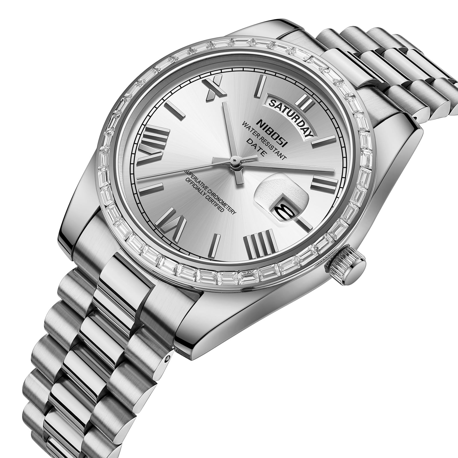 NIBOSI Men's Watches Analog Quartz Diamond Bezel Stainless Steel Dial Rose Gold Silver Watches for Men Waterproof Business Classic Dress Wrist Watch with Day Date