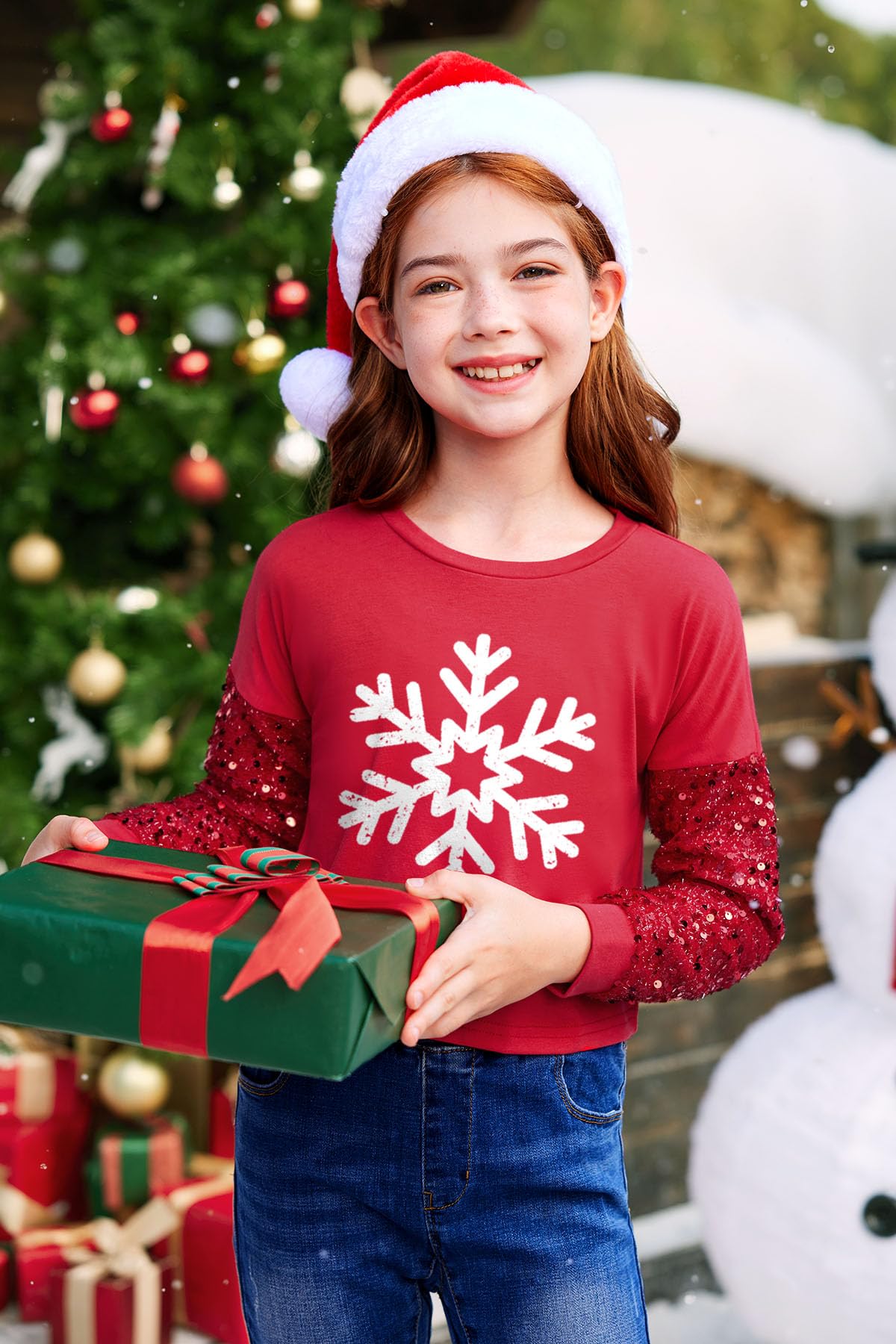 BesserBay Camisa de manga larga para niñas, diseño de retazos de lentejuelas, para Navidad, de 6 a 14 años