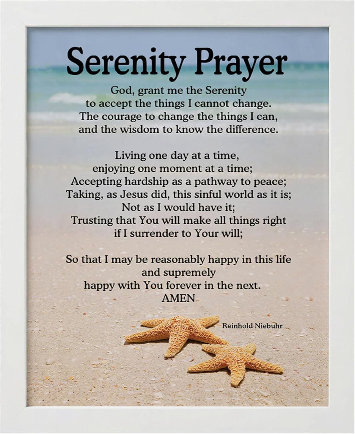 Serenity Prayer Wall Art – Christian Wall Decor with Starfish Scripture, Bible Verse Inspirational Wall Art Print for Living Room, Office, Church, or Beach House (White Framed, 8 x 10 inches)