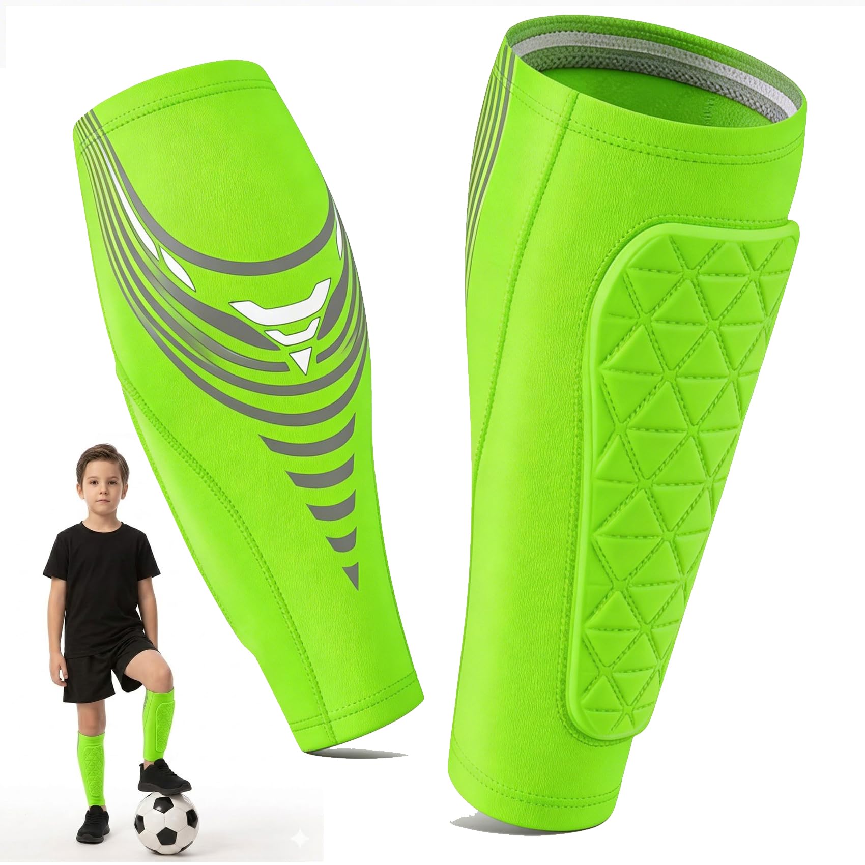 IBirdView Football Shin Guards for Teens, Tri-Guard EVA Padded Compression Leg Sleeves with Internal Silicone Non-Slip Grip, Breathable Protective Gear for Football, Rugby & Sports - L/XL Green
