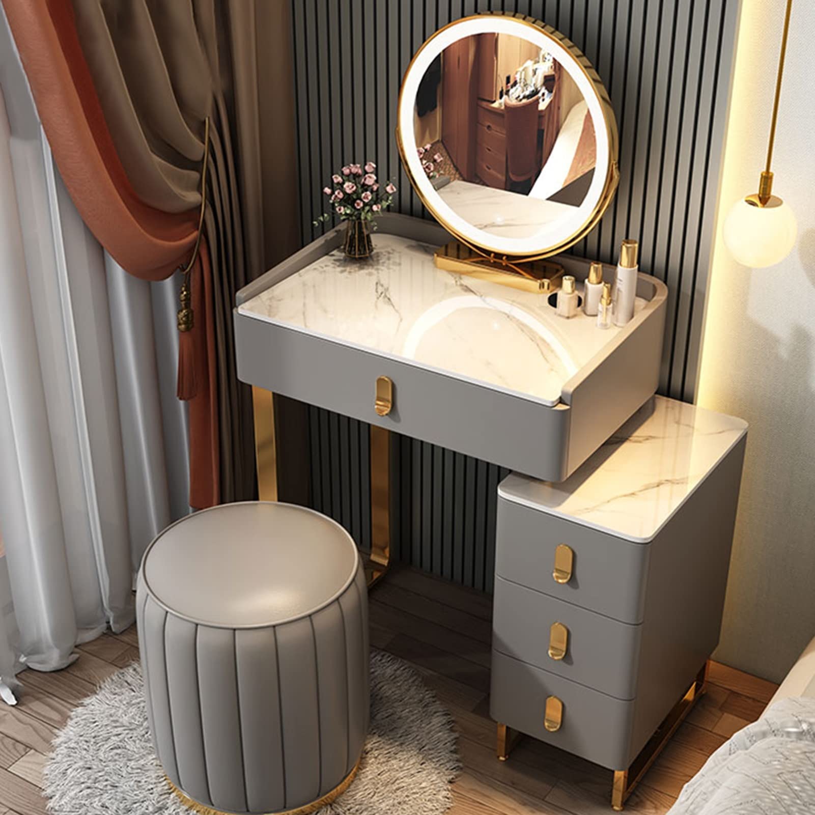 asdchZen Makeup Mirror With Lights-360°Rotating Led Vanity Mirror Dressing Table With Sliding Drawers White Makeup Station For Women & Girls 50Cm/19.6In