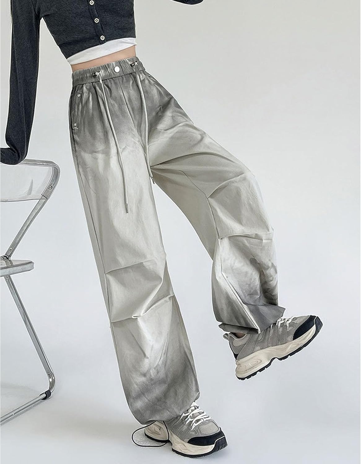 MEINVQIAOTI Street Dance Awesome Gradient Color Design Goth Pants Black Cargo Pants for Women Elastic Waist Baggy Pants