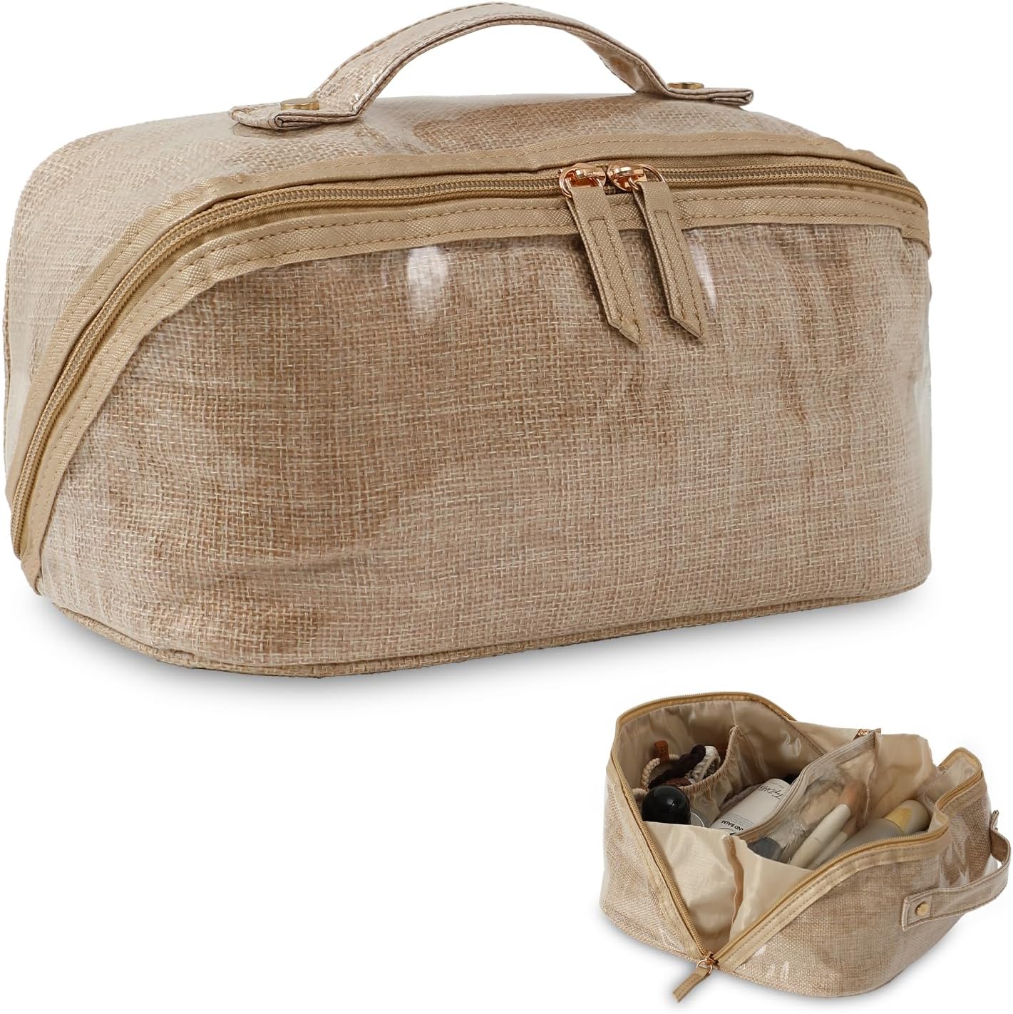 DYSHAYEN Stripe Travel Makeup Bag with Compartments Clear Coated Cosmetic Bag for Women, Waterproof Portable Open Flat Toiletry bag （Linen）