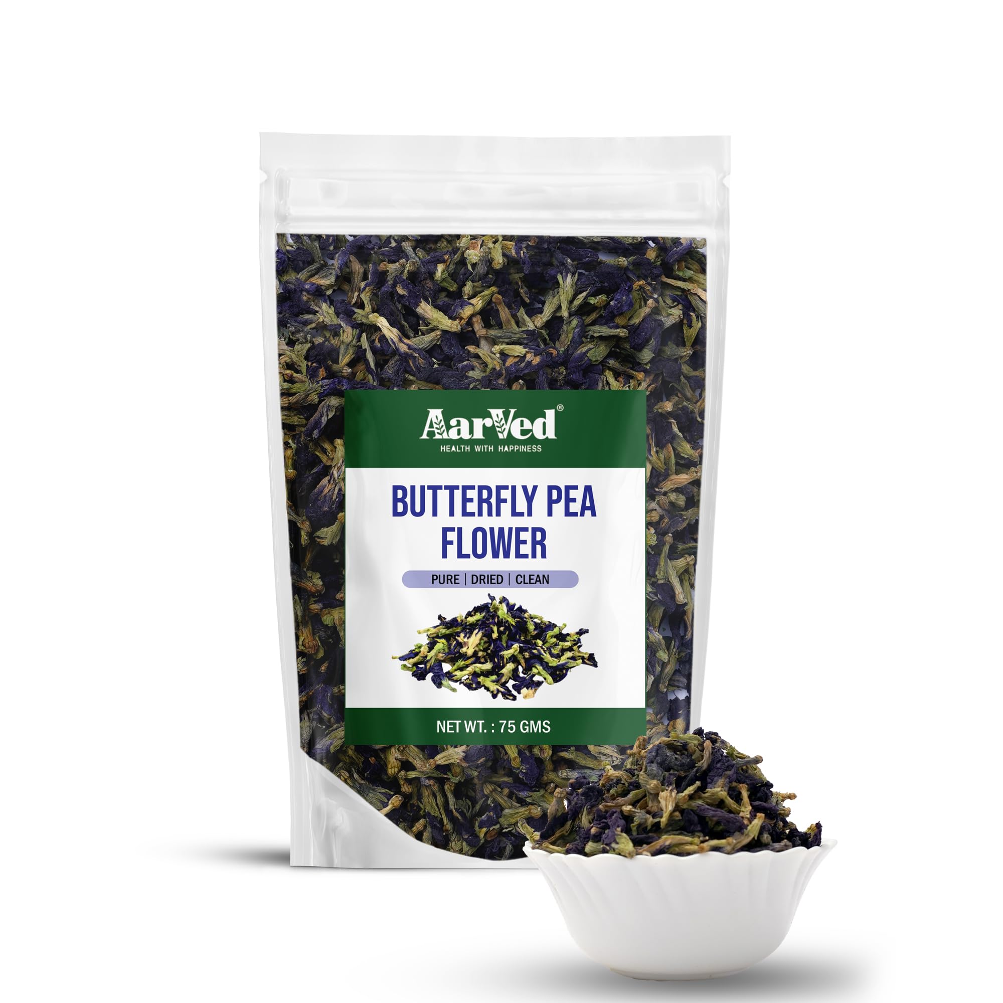 Aarved Dried Butterfly Pea Flower Tea (75g, Pouch) Antioxidant Rich, Caffeine Free, Delicate & Earthy, Flower Based Natural Colorant Herbal Tea For Iced Teas, Mocktails, Cocktails & Stress Relief